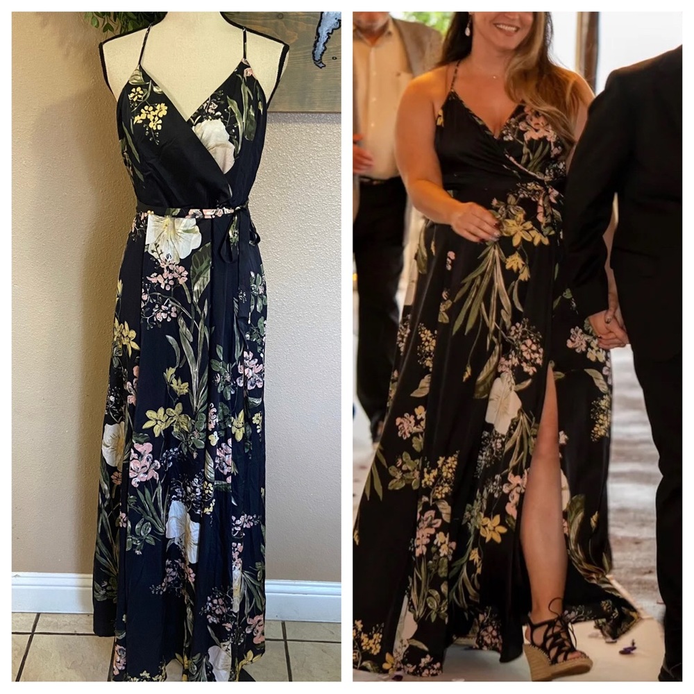NWOT Lulus Still the One Black Floral Print Satin Maxi Dress